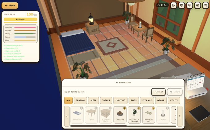 A screenshot of a room design video game featuring a bedroom with a bed, rug, and plants, with a Feng Shui meter showing "100/100 BLISSFUL" and a furniture selection menu including options like bedding, tables, and campfires.