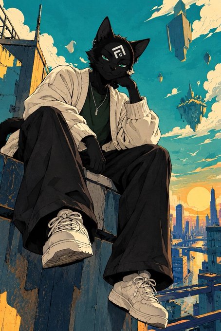 An anime-style illustration depicts a black cat character wearing a mask with a 'P' logo, a white jacket, black pants, and white sneakers, sitting on a ledge overlooking a futuristic floating city at sunset.