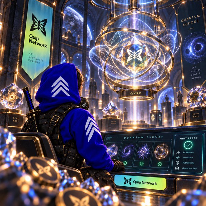 A hooded figure in blue interacts with a futuristic digital interface labeled "QUANTUM ECHOES" and "Quip Network" amidst glowing crystal artifacts in a sci-fi setting.