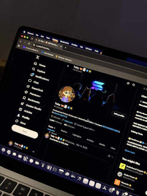 A laptop screen displays the X (Twitter) profile page of "Tulky" (@Tulkyy_), showing 2,250 posts, 18K followers, and 2,250 following, celebrating hitting 16,000 followers after being a vocal Solana (SOL) supporter since 2023. The profile highlights a post about "Accelerate en SOLANA" dated March 12, 2025, matching the caption's milestone of reaching 16K followers on the path to 20K.
