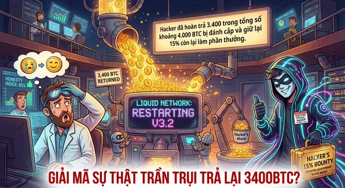A Vietnamese-language illustration about a hacker returning 3,400 out of approximately 4,000 BTC, showing coins falling through machinery labeled 'LIQUID NETWORK: RESTARTING V3.2' with the headline 'GIẢI MÃ SỰ THẬT TRẦN TRỤI TRẢ LẠI 3400BTC?'.