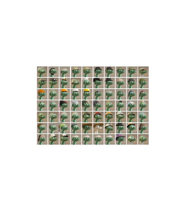 A grid of small green alien/martian characters, each wearing various hats and hairstyles, arranged in rows on a white background.