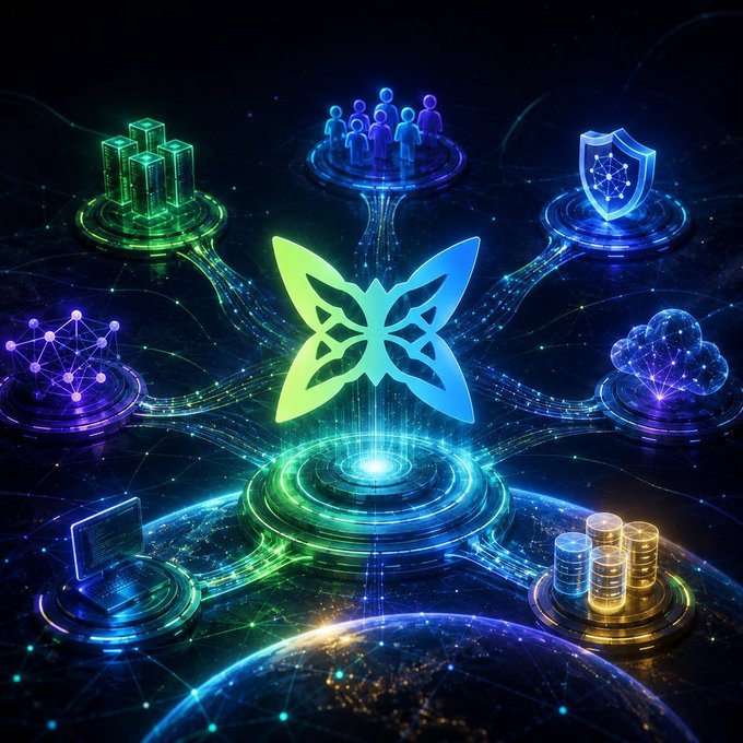 A glowing butterfly emblem hovers at the center of a digital network, connected via flowing data streams to satellite icons representing databases, user groups, security shields, cloud storage, laptops, and servers. The image visually reflects @quipnetwork's cross-chain infrastructure by symbolizing a decentralized, secure hub that orchestrates trustless asset transfers through its propose, approve, and claim flow with built-in timeouts and slashing protections.
