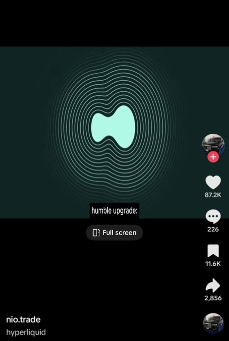 A TikTok screenshot from nio.trade about "hyperliquid" featuring a green hypnotic design with the caption "humble upgrade:" and engagement stats showing 87.2K likes and 2,856 shares, fitting with a post discussing bridging for memecoins and the potential of "$egg" on the Hyperliquid platform.