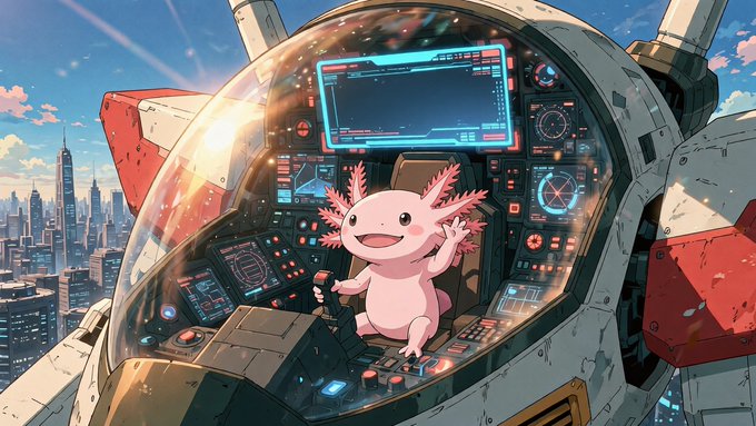 A smiling axolotl cheerfully waves from the cockpit of a giant mech suit soaring above a futuristic cityscape, with holographic displays showing "$GMI7E" on the central screen. The playful image matches the cheerful "GM" (good morning) crypto greeting and teases the upcoming $Raxol utility breakdown post, blending anime-inspired charm with a high-tech pilot setting.