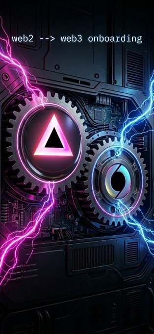 A dark futuristic graphic with gears, neon pink and blue lightning bolts, and the text 'web2 --> web3 onboarding'.