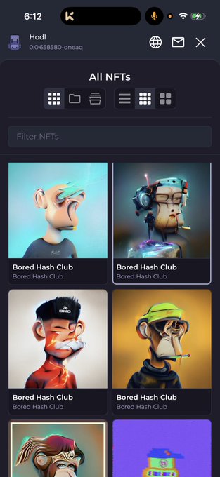 A mobile app screen displaying an NFT gallery collection called 'Bored Hash Club' featuring cartoon character portraits.
