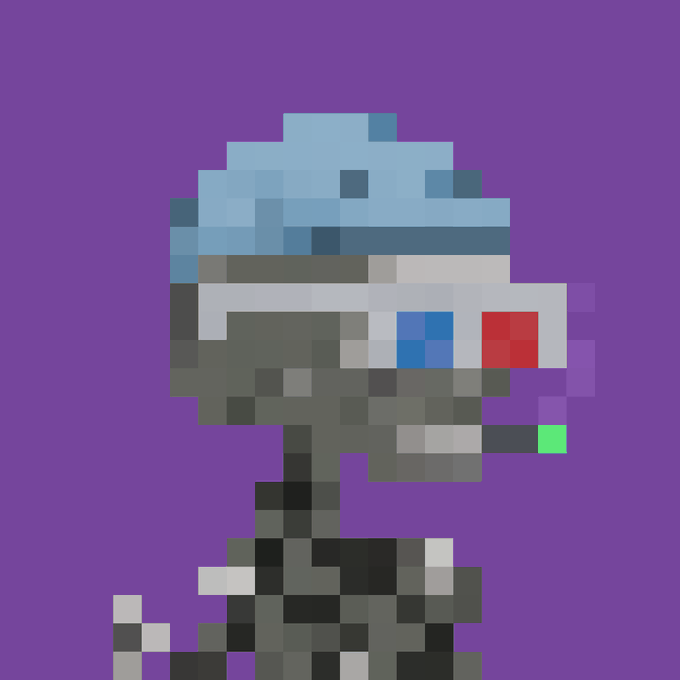 A pixel art character resembling a Clone Trooper or stormtrooper with blue helmet details, white and gray armor, and a red visor element, set against a purple background.