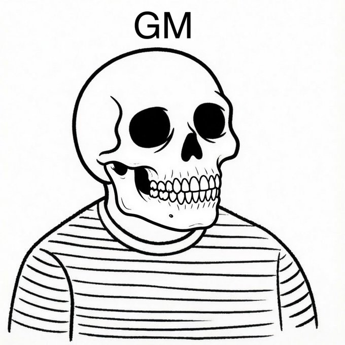 A black and white line drawing of a skeleton wearing a striped shirt with 'GM' text above its head, a common 'Good Morning' meme in crypto communities.