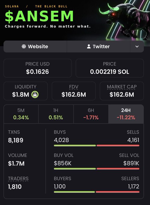 A dashboard for the Solana-based token "$ANSEM" (described as "The Black Bull") showing a price of $0.1626 USD / 0.002219 SOL, a market cap of $162.6M, and a 24-hour decline of -11.22%, illustrating the post's message about holding conviction through downturns when the token's recent performance has gone quiet.