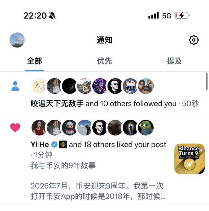 A screenshot of a Chinese social media notifications page (通知) showing two alerts: the first indicates that "咬遍天下无敌手 and 10 others followed you," and the second shows "Yi He and 18 others liked your post" titled "我与币安的9年故事" (My 9-Year Story with Binance), which begins with text about Binance's 9th anniversary in July 2026. The image directly supports the accompanying post by visually confirming Yi He's like on the Binance anniversary post being celebrated.
