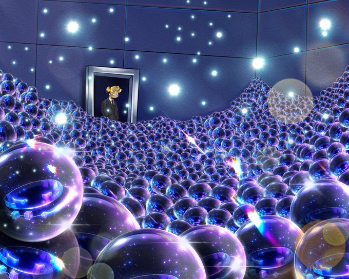 A surreal digital art scene of a tiger-headed figure in a suit emerging from a doorway into a vast room filled with glowing purple and blue spheres under a starry sky.