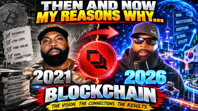 A YouTube thumbnail titled 'THEN AND NOW MY REASONS WHY... 2021-2026 BLOCKCHAIN' showing the same man in both years, with text including 'RESEARCH', 'LOW CAPS', 'FIND VALUE', 'REAL CONNECTIONS', 'RWA', 'INSTITUTIONS', 'ADOPTION', and 'GLOBAL UTILITY'.