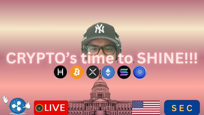 A YouTube thumbnail featuring a man wearing a Yankees cap and headphones with the text 'CRYPTO'S time to SHINE!!!', cryptocurrency logos (H, BTC, XRP, ETH, SOL, ADA), the U.S. Capitol building, and 'LIVE' and 'SEC' badges.