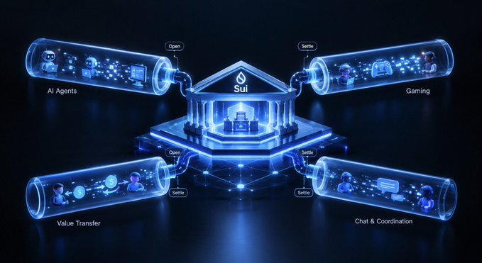 A futuristic blue neon graphic for the 'Sui' blockchain platform showing four cylindrical tubes connecting to a central classical building, labeled 'AI Agents', 'Gaming', 'Value Transfer', and 'Chat & Coordination'.
