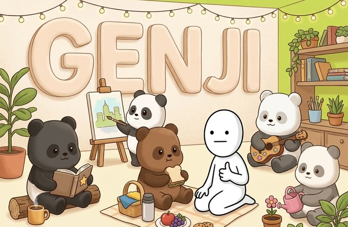 A whimsical cartoon scene features cute panda characters and a simple white figure enjoying a picnic and creative activities (painting, reading, playing ukulele) beneath large "GENJI" letter decor, visually tying into the Genji x OK Guy community NFT raffle announcement.