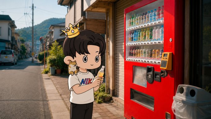 A cartoon-style boy wearing a gold crown and a Nike shirt holds an ice cream cone on a Japanese street, standing next to a red vending machine with a small hamster on his shoulder.