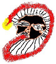 A crude, pixelated-style digital drawing of a dark face or skull surrounded by a red and yellow circular border.