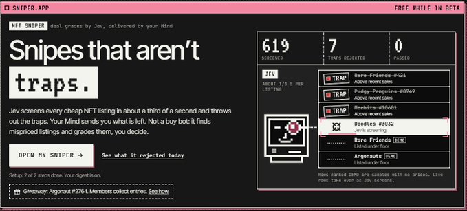 A website interface for 'NFT SNIPER' displays the tagline 'Snipes that aren't traps' along with listings, rejection lists, and statistics like '619 LISTINGS' and '7 TRAPS REJECTED'.