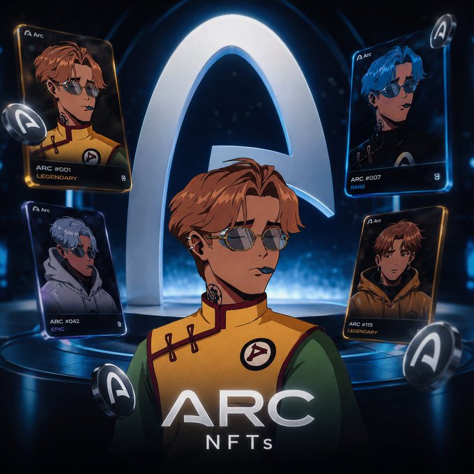 Promotional artwork for ARC NFTs displaying digital character cards labeled LEGENDARY, RARE, EPIC, and LEGENDARY rarities.