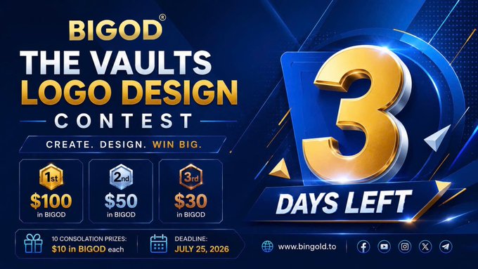 BIGOD presents "The Vaults Logo Design Contest" with a deadline of July 25, 2026, and $100 up for grabs for the winning design, as highlighted by the prominent "3 DAYS LEFT" banner.