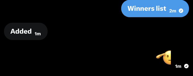 A chat screenshot showing two blue 'Winners list' and 'Added' notifications, along with an emoji reaction on a dark background.
