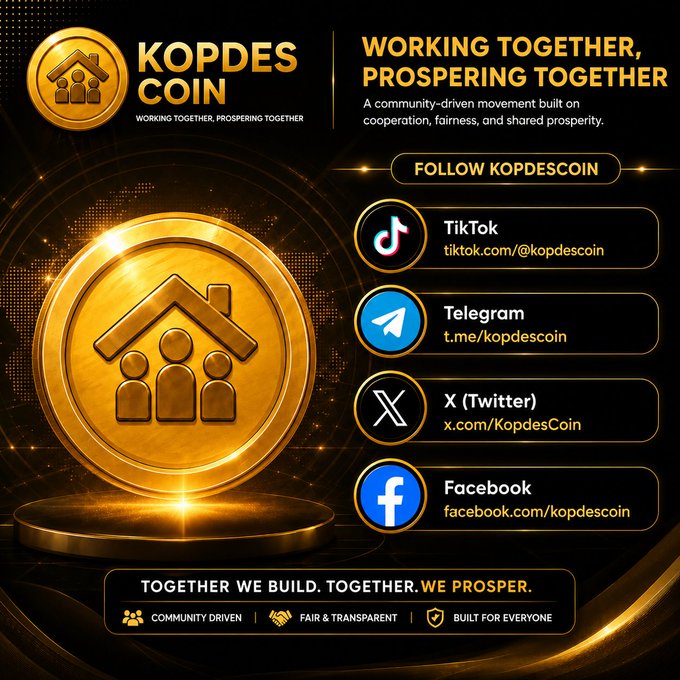 A promotional graphic for 'KOPDES COIN' features a gold coin with a house-and-people logo, social media handles (TikTok, Telegram, X, Facebook), and the tagline 'WORKING TOGETHER, PROSPERING TOGETHER'.