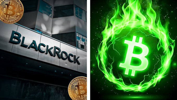 A split image shows the BlackRock logo on a building facade with Bitcoin coins on the left, and a flaming Bitcoin symbol on a green background on the right.
