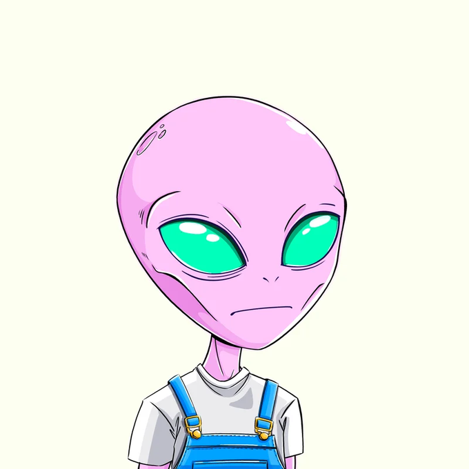 A cartoon alien with a large pink head and green eyes, wearing a white t-shirt under blue overalls, smiles slightly against a plain background. The character likely represents the "Micros" NFT collection mentioned in the post, which is supporting a fellow project.