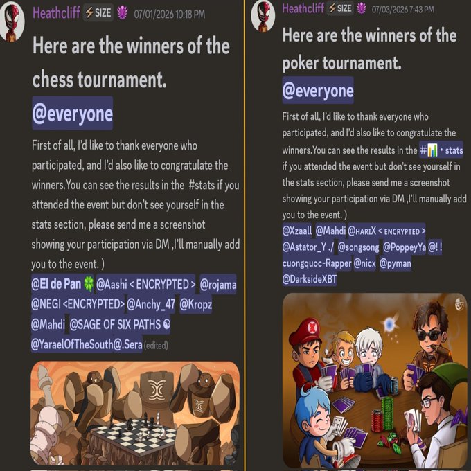 Discord messages from user Heathcliff announcing winners of a chess tournament (07/01/2026) and poker tournament (07/03/2026), with mentions to @everyone and tags of various participants, accompanied by images of Go stones and cartoon poker players.