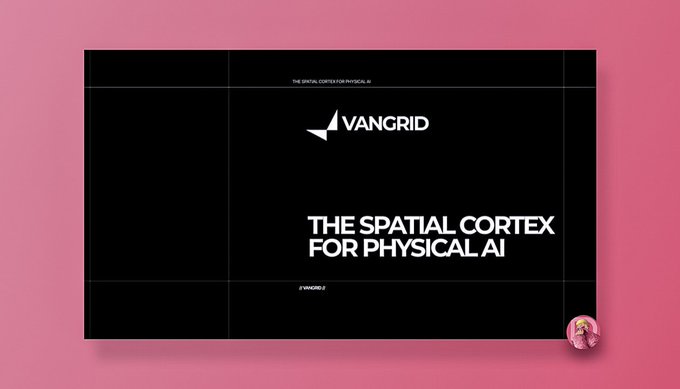 A minimalist graphic design features the 'VANGRID' logo and tagline 'THE SPATIAL CORTEX FOR PHYSICAL AI' on a black background, bordered by a pink frame with a small character icon in the corner.