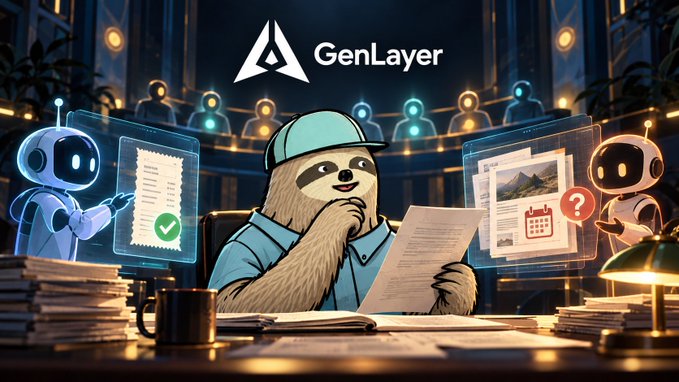 A digital illustration for GenLayer showing a sloth in a cap reviewing documents at a desk, flanked by two robotic assistants displaying checks and question marks.