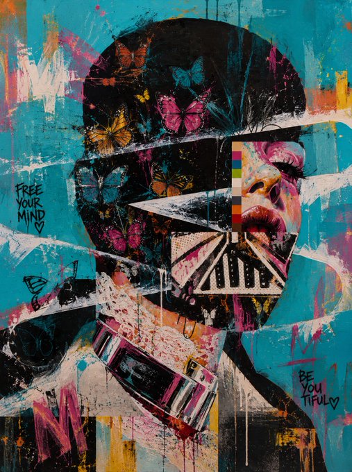 A vibrant street art-style portrait of a person whose head is covered in butterflies, with the text 'FREE YOUR MIND' on the left and 'BE YOU TIFUL' on the right.
