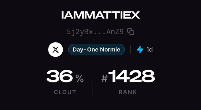 The image shows a user profile card on a dark background for "IAMMATTIEEX" with the partial wallet address "5j2yBx...AnZ9," tagged as a "Day-One Normie" with 1 day of membership, displaying a 36% clout score and a rank of #1428. The accompanying post discusses an "Alpha Drop" for the VOICY NFT by @voicecc on the Solana blockchain, a free mint of a soulbound token (SBT) representing access to "OpinionFi"—a platform where opinions become on-chain assets—suggesting the profile belongs to a community member engaging with this NFT project.