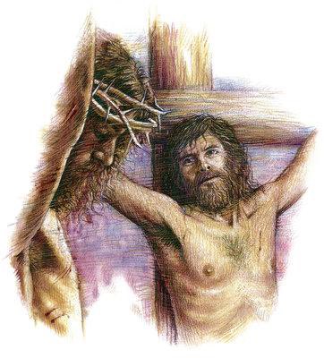 A colored pencil illustration depicts the crucifixion of Jesus Christ on the cross, with his face and upper body visible in detail.