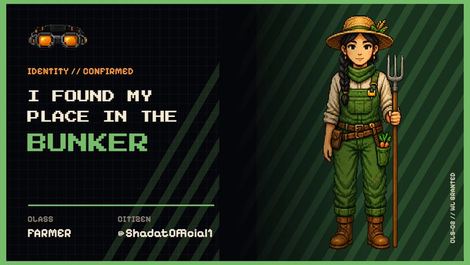 A pixel-art style ID card for "The Bunker" NFT project features a female farmer character with a pitchfork and straw hat, alongside the text "I FOUND MY PLACE IN THE BUNKER," class designation "FARMER," and citizen ID "01-02 / WL GRANTED," promoting the project's whitelist mint opportunity.