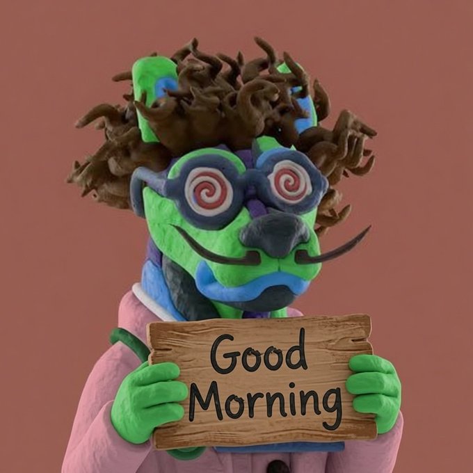 A colorful sculpted figure with green skin, curly brown hair, spiral glasses, and a mustache holds a wooden 'Good Morning' sign.