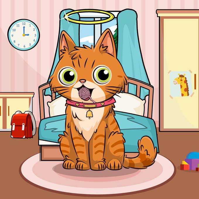 The image features a cartoon cat sitting on a bed with a pink blanket. The cat has a bell around its neck and appears to be looking at something off-camera. In the background, there are two clocks - one near the top left corner of the image and another smaller clock in the upper right corner. There is also a backpack placed next to the bed on the floor.
