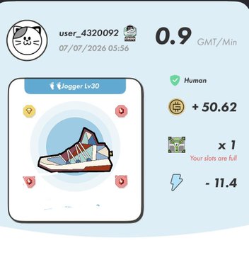 A mobile app screen shows a shoe NFT labeled 'Jogger Lv30' with stats including +50.62 GMT and -11.4 energy, at user_4320092.