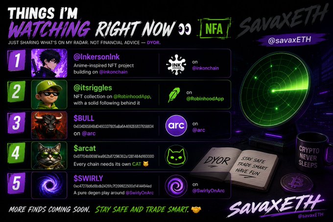 A graphic titled 'THINGS I'M WATCHING RIGHT NOW' by @savaxETH highlighting NFT projects including INK on Inkchain, a Robinhood collection, $BULL on Arc, $arcat, and $SWIRLY on SwirlyOnArc.
