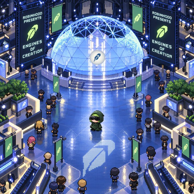 A pixel art scene of an 'Engines of Creation' event presented by Robinhood, featuring a large illuminated dome with a feather logo and small characters gathered around a hooded figure.
