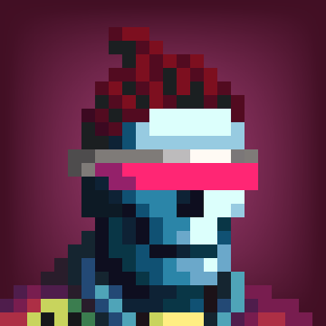 A pixel art portrait of a character with spiky red hair wearing a futuristic pink and blue visor against a dark red background.