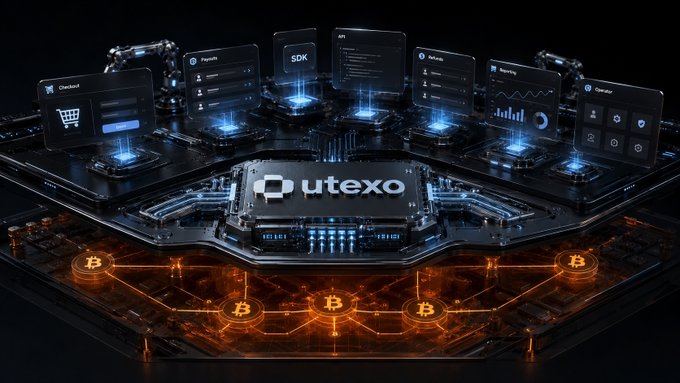 A digital graphic shows the 'utexo' logo on a glowing technological platform surrounded by interfaces labeled 'Checkout', 'Payouts', 'SDK', 'API', 'Withdraw', 'Reporting', and 'Operator', with a Bitcoin network glowing below.