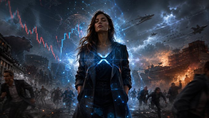 A cinematic sci-fi image showing a woman with a glowing chest symbol standing amid a war-torn city, overlaid with red and blue stock market candlestick charts and fighter jets.