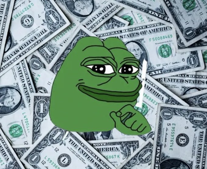 An illustration of the 'Pepe the Frog' meme holding a smoking cigarette, superimposed over a background covered entirely in scattered U.S. one-dollar bills.