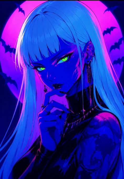 Anime-style digital art of a blue-skinned girl with glowing green eyes, long white hair, and gothic clothing, posed against a pink circular backdrop with silhouettes of bats.