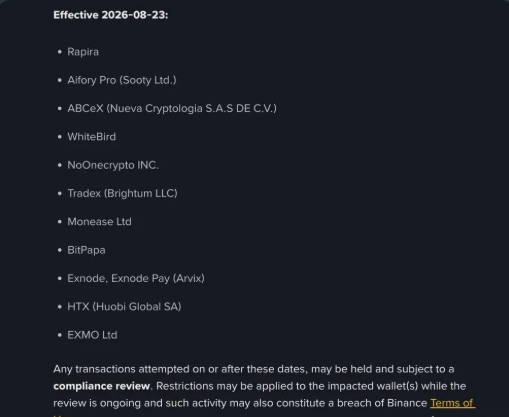 A Binance compliance notice effective August 23, 2026, listing 11 restricted crypto platforms including Rapira, Aifory Pro, ABceX, WhiteBird, NoOnecrypto INC, Tradex, Monease Ltd, BitPapa, Exnode/Exnode Pay (Arvix), HTX (Huobi Global SA), and EXMO Ltd, warning that any transactions with these entities after the specified date may be held pending compliance review.