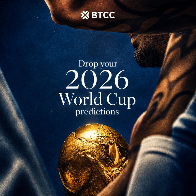 The image features a gold trophy, likely representing the winning team of the 2026 World Cup. The text "Guess which team will win 2026 World Cup 100 USDT, 5 winners, 72hrs Follow and like Quote this tweet and your answer with #BTCC15 Drop your QT link and TRC20 wallet". This post is related to the drop your QT link and TRC20 wallet giveaway. The image shows a person holding the trophy in their hands, possibly celebrating or sharing the news of the winning team's victory.