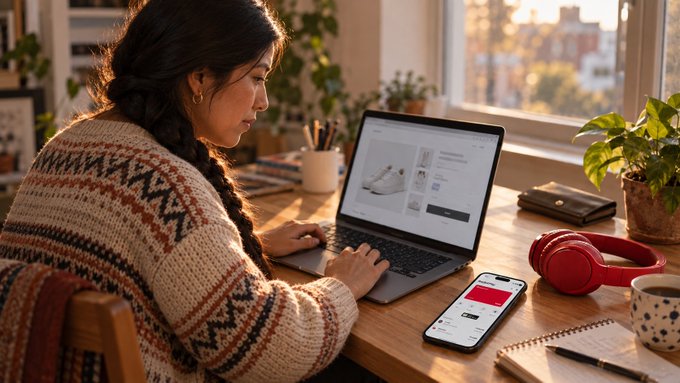 A woman with a long dark braid wearing a patterned sweater sits at a wooden desk using a laptop displaying a product page, with a smartphone, red headphones, and a coffee mug nearby.