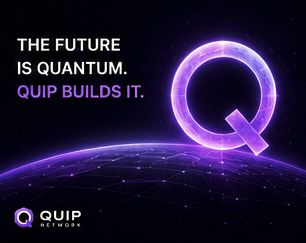 The image features a stylized purple "Q" logo for Quip Network alongside the bold text "THE FUTURE IS QUANTUM. QUIP BUILDS IT." set against a cosmic, tech-inspired background. This visual reinforces the post's point by showcasing Quip's commitment to actively building post-quantum security solutions rather than just talking about them.